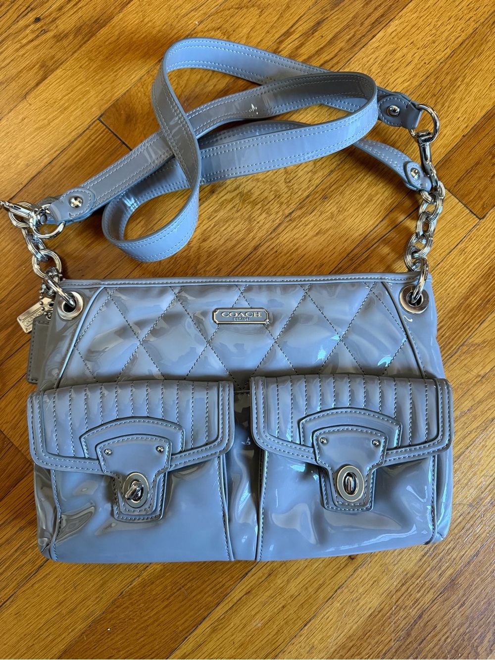 Coach Quilted Patent Leather Shoulder Bag in grey